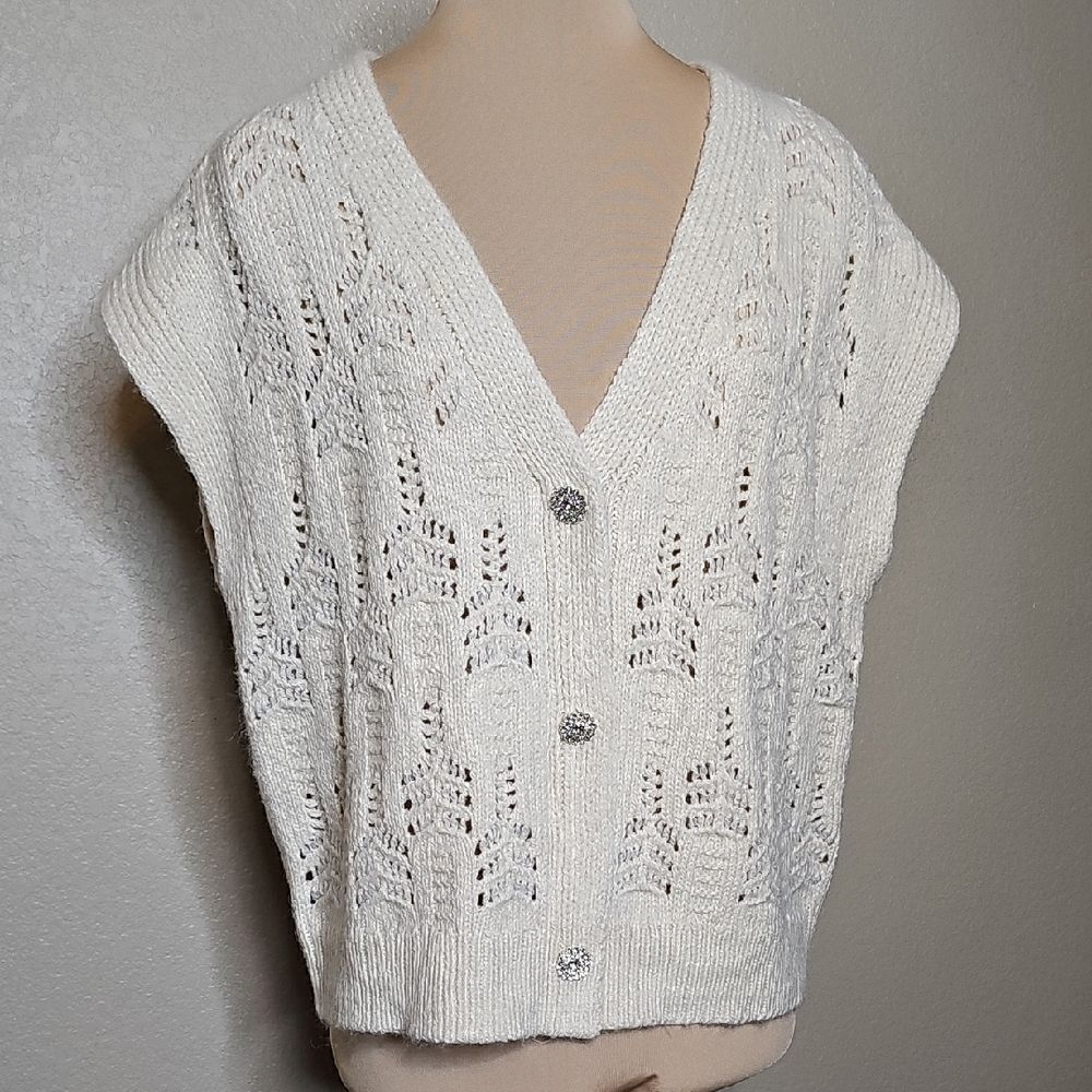 Esqualo M/L‎ Ivory Pointelle Knit Sweater Vest with Rhinestone buttons